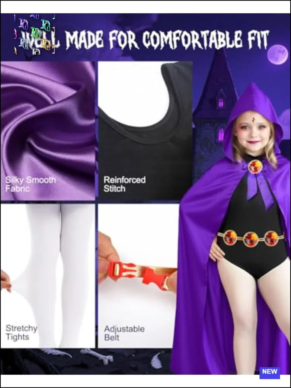 Kids Halloween Costume Purple Cape Jumpsuit Tights Gem Belt